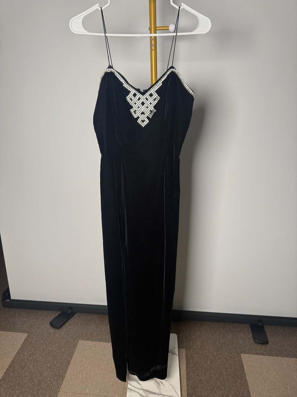 Vintage Dave & Johnny Black Velvet Rhinestone Maxi Dress